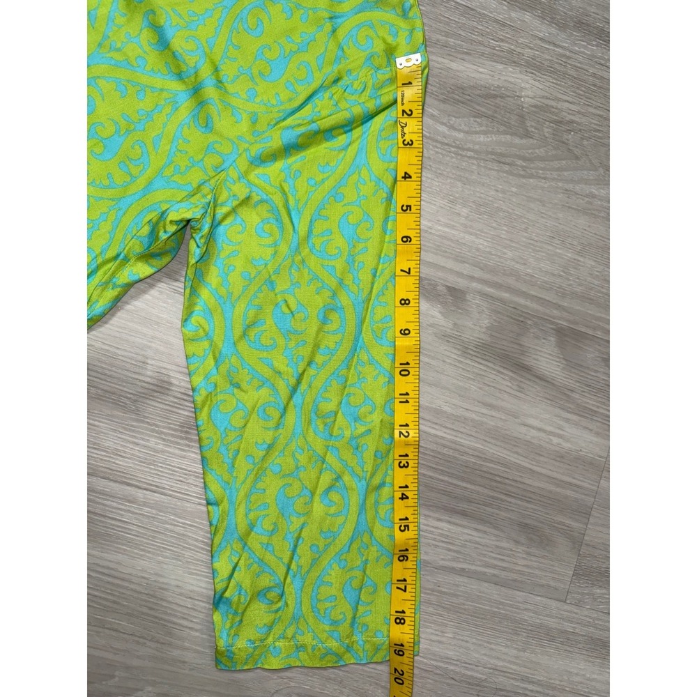 Escapada Womens Tunic Top L Lime Green Turquoise Blue Damask 3/4 Sleeve V-Neck - Picture 7 of 11